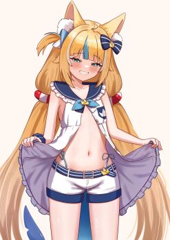 Rule 34 | 1girl, absurdres, animal ear fluff, animal ears, bare arms, bare legs, blonde hair, blue eyes, blush, bow, clothes lift, cowboy shot, flat chest, grin, hair bow, highres, indie virtual youtuber, long hair, looking at viewer, mesugaki, multicolored hair, naughty face, navel, presenting stomach, sameko saba, sharkudon, short shorts, shorts, simple background, smile, solo, stomach, stomach focus, tail, twintails, very long hair, virtual youtuber, white shorts