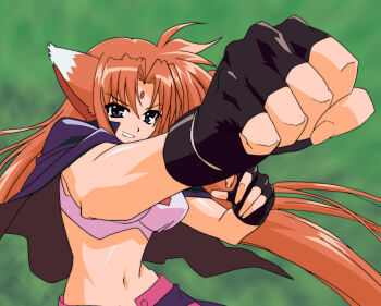 Rule 34 | 00s, 1girl, absurdres, ahoge, animal ears, arf, black gloves, blue eyes, blurry, breasts, cape, clenched hand, crop top, depth of field, dog ears, facial mark, female focus, fighting stance, fingerless gloves, forehead jewel, forehead mark, foreshortening, gem, gloves, grin, highres, hip bones, long hair, lyrical nanoha, mahou shoujo lyrical nanoha, midriff, narrow waist, orange hair, outstretched arm, parted bangs, pink hair, punching, sia, sia (testarossa), smile, solo, upper body, very long hair