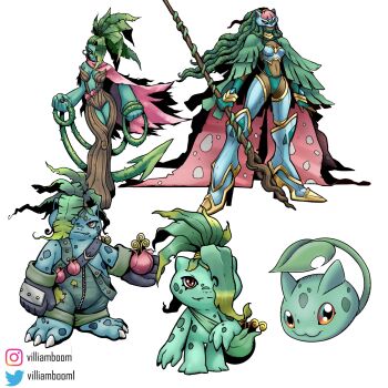 belt boots bud bulbasaur cape digimon digimon_(creature) evolutionary_line gen_1_pokemon gloves hair_over_one_eye high_heel_boots high_heels highres holding_sapling ivysaur leaf long_hair mask nintendo personification plant plant_hair pokemon pokemon_(creature) polearm red_eyes standing suspenders venusaur villiam_boom vines weapon white_background