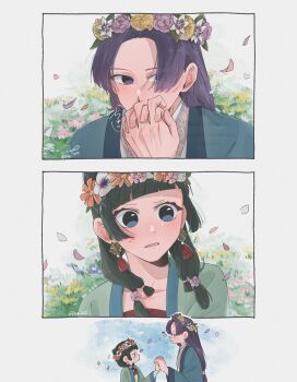 Rule 34 | 1boy, 1girl, bandaged wrist, bandages, blue eyes, blue jacket, blunt bangs, blush, border, chinese clothes, commentary request, couple, earrings, falling petals, flower, green hair, green jacket, hair flower, hair ornament, head wreath, hetero, highres, holding hands, interlocked fingers, jacket, jewelry, jinshi (kusuriya no hitorigoto), kiss, kissing hand, kusuriya no hitorigoto, long hair, looking at another, maomao (kusuriya no hitorigoto), meadow, outdoors, parted bangs, parted lips, petals, purple eyes, purple hair, ray 3655, smile, sweatdrop, tassel, tassel earrings, upper body, white border