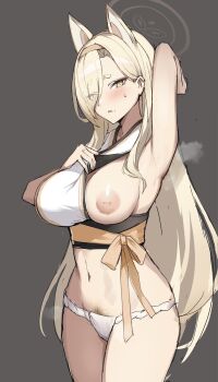 1girl animal_ears arm_behind_head armpit_stubble blonde_hair blue_archive blush breasts brown_hairband clothes_pull crop_top embarrassed eyes_visible_through_hair female_pubic_hair fundoshi grey_background hair_over_one_eye hairband halo inverted_nipples japanese_clothes kaho_(blue_archive) keman large_breasts long_hair mole mole_under_mouth navel nipples obi one_breast_out pubic_hair pubic_hair_peek sash shirt shirt_pull sleeveless sleeveless_shirt solo standing sweat white_shirt yellow_eyes