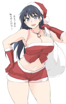1girl arato_nagi bare_shoulders bell blue_eyes blush bodice breasts cleavage commentary_request earrings elbow_gloves fur-trimmed_headwear fur_trim gloves hat highres jewelry jingle_bell large_breasts long_hair looking_at_viewer midriff navel open_mouth red_gloves red_hat red_shorts ruri_no_houseki sack santa_costume santa_hat short_shorts shorts smile solo thighs translation_request zekkyon