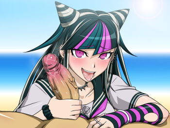 1girl beach black_hair black_straps blue_eyes blush censored clothed_female_nude_male danganronpa_(series) danganronpa_2:_goodbye_despair ear_piercing eyebrows eyelashes face_piercing fingerless_gloves girthy_penis gloves hair_horns handjob hetero highres kurojiya lip_piercing long_hair looking_at_viewer mioda_ibuki mosaic_censoring multicolored_gloves multicolored_hair nude ocean open_mouth outdoors penis piercing pink_eyes pink_hair pov pov_crotch public_indecency public_nudity sailor_collar saliva sand school_uniform scrunchie shiny_skin short_sleeves single_glove sky solo_focus striped_clothes striped_gloves tears teeth tongue tongue_out torn_clothes upper_teeth_only white_hair