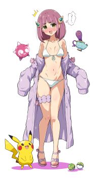 1girl absurdres arched_bangs bikini blush collarbone colored_skin commentary_request eggman_(ni_tamagoex) embarrassed eyelashes floating full_body gen_1_pokemon gen_7_pokemon gen_8_pokemon hair_ornament hairclip heart highres jacket lacey_(pokemon) long_sleeves medium_hair minior minior_(core) minior_(red_core) navel nest_ball nintendo nose_blush open_clothes open_jacket open_mouth pikachu poke_ball pokemon pokemon_(creature) pokemon_sv purple_hair sandals simple_background sinistea sleeves_past_fingers sleeves_past_wrists smile standing surprised swimsuit tail thick_eyebrows thigh_strap toes white_background white_bikini yellow_eyes yellow_skin