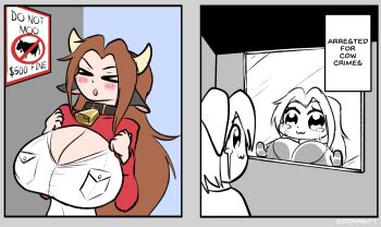 &gt;_&lt; 1boy 1girl against_glass animal_ears borrowed_character breast_press breasts brown_hair cleavage cow_ears cow_girl cow_horns cowbell crying crying_with_eyes_open english_text eye_contact highres horns huge_breasts instant_loss long_hair looking_at_another matt_(ego_trigger) mattie_(ego_trigger) original poptepipic sign tears w_arms zedrin