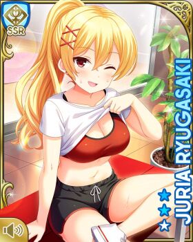 Rule 34 | 1girl, ;d, black shorts, blonde hair, bra, card (medium), character name, clothes lift, day, girlfriend (kari), gym, indoors, official art, one eye closed, open mouth, qp:flapper, red bra, red eyes, ryugasaki juria, shirt, shirt lift, shorts, sitting, smile, tagme, underwear, white footwear, white shirt