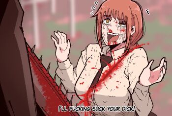 1boy 1girl begging black_necktie blood blood_on_clothes blood_on_face bloody_weapon braid braided_ponytail breasts chainsaw chainsaw_man commentary deep_wound denji_(chainsaw_man) english_commentary english_text flying_sweatdrops graveyard injury long_hair long_sleeves makima_(chainsaw_man) mark_gavatino meme necktie nervous_sweating open_mouth out_of_frame panicking parody pleading_eyes red_hair ringed_eyes scene_reference spoilers sweat tears the_boys weapon yellow_eyes
