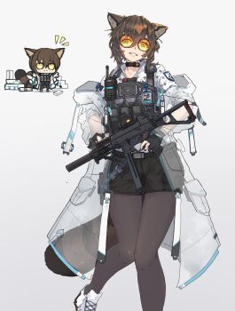 1girl absurdres animal_ears black_choker black_gloves black_pantyhose black_shorts brown_hair bulletproof_vest choker coat commission fingerless_gloves gloves goggles grin gun highres holding holding_weapon lab_coat looking_at_viewer original pantyhose round_eyewear see-through_clothes see-through_coat shirt short_hair shorts sidelocks simple_background smile solo standing submachine_gun syaha tinted_eyewear walkie-talkie weapon weapon_request white_background white_shirt