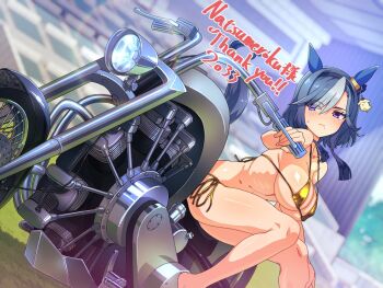 1girl animal_ears badluck2033 bikini breasts character_request expressionless gold_bikini horse_ears horse_girl kawasaki_(company) large_breasts motor_vehicle motorcycle swimsuit tagme umamusume wheel