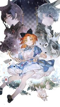 5boys alice&#039;s_adventures_in_wonderland alice_(alice_in_wonderland) alice_(alice_in_wonderland)_(cosplay) alternate_costume animal_ears apron ascot black_bow black_gloves black_hair black_jacket black_ribbon black_shoes blue_dress blue_eyes border bow card cat_ears checkered_background chinese_commentary choker commentary_request cosplay crossdressing crossdressing_(mtf) dress ensemble_stars! frilled_apron frilled_choker frilled_dress frilled_sleeves frills full_body gloves grey_hair hair_between_eyes highres holding holding_pocket_watch index_finger_raised jacket knights_(ensemble_stars!) looking_at_viewer maid_apron male_focus multiple_boys narukami_arashi orange_hair painterly pocket_watch procreate_(medium) puffy_sleeves rabbit rabbit_ears red_eyes ribbon sakuma_ritsu sena_izumi_(ensemble_stars!) shirt shoes socks sparkle star_(symbol) suou_tsukasa tea tsukinaga_leo upper_body watch white_apron white_ascot white_border white_choker white_gloves white_shirt white_socks yellow_eyes yi_da_wan_cha