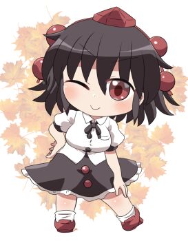 1girl ;) black_hair black_ribbon black_skirt blush camera chibi chibi_only closed_mouth collared_shirt commentary_request frilled_skirt frills full_body geta hand_on_own_hip hat highres holding holding_camera looking_at_viewer neck_ribbon one_eye_closed pom_pom_(clothes) red_hat red_shoes ribbon rokugou_daisuke shameimaru_aya shirt shoes short_hair short_sleeves signature skirt smile socks solo standing tengu-geta tokin_hat touhou white_shirt white_socks