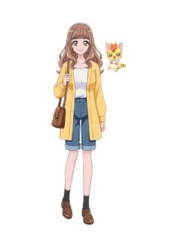 1girl :3 @est@ aged_up bag black_socks blue_shorts blunt_bangs breasts brown_bag brown_eyes brown_hair cardigan cat closed_mouth collarbone commentary_request denim denim_shorts full_body handbag healin'_good_precure highres hiramitsu_hinata jacket jeans loafers long_hair long_sleeves looking_at_viewer nyatoran_(precure) open_cardigan open_clothes pants precure shirt shirt_tucked_in shoes shorts shoulder_bag smile socks solo standing tachi-e transparent_background wavy_hair white_shirt yellow_cardigan yellow_jacket