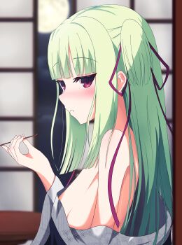 Rule 34 | 1230 mochi, 1girl, absurdres, bare shoulders, black kimono, blunt bangs, blunt ends, blurry, blurry background, blush, breasts, commentary, from side, full moon, green hair, hair ribbon, hand up, highres, indoors, japanese clothes, kimono, kimono pull, long hair, long ribbon, looking at viewer, mimikaki, moon, murasame (senren), night, no bra, nose blush, one side up, parted lips, purple ribbon, red eyes, ribbon, senren banka, sideboob, sidelocks, small breasts, solo, straight hair, tsurime, upper body, very long hair