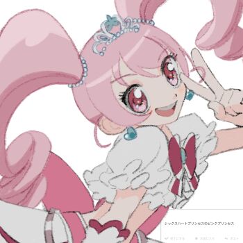 Rule 34 | 1girl, bad id, bad twitter id, earrings, hani haruka, heart, heart earrings, highres, jewelry, long hair, looking at viewer, magical girl, navel, odaibako, open mouth, pink eyes, pink hair, pink princess, puffy short sleeves, puffy sleeves, request inset, ringlets, shirt, short sleeves, six heart princess, skirt, smile, solo, subro, tiara, translation request, twintails, v, white background, white shirt, white skirt