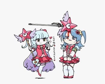 2girls bleeding blood blue_eyes blue_hair bow bowtie closed_mouth e.g.o_(project_moon) earrings employee_(project_moon) frilled_cuffs full_body garter_straps hair_ornament heart heart_earrings heart_hair_ornament highres holding holding_wand in_the_name_of_love_and_hate_(e.g.o) jewelry layered_skirt lobotomy_corporation long_hair medium_hair multiple_girls nugget_(project_moon) open_mouth pink_bow pink_bowtie pink_shoes pink_skirt pink_vest pleated_skirt project_moon queen_of_hatred shoes simple_background skirt smile sweat thighhighs two_side_up very_long_hair vest wand white_background white_thighhighs winged_sleeves yatsumeunagi