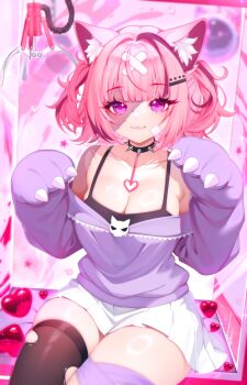 1girl :3 @_@ animal_ears bandaid bandaid_hair_ornament bandaid_on_cheek bandaid_on_face bare_shoulders black_choker black_tank_top black_thighhighs blunt_bangs blurry bob_cut breasts brooch cat_ears cat_girl choker cleavage closed_mouth collarbone commission cowboy_shot cowlick crane_(machine) crane_game depth_of_field dutch_angle fewer_digits flipped_hair hair_ornament hairpin hands_up heart highres in_crane_game indie_virtual_youtuber jewelry large_breasts looking_ahead miniskirt multicolored_hair off-shoulder_sweater off_shoulder paw_sleeves pawshies_(vtuber) pinji8166 pink_eyes pink_hair pleated_skirt purple_hair purple_sweater second-party_source shiny_skin single_thighhigh sitting skirt skull_brooch solo sparkle spiked_choker spikes star_(symbol) star_in_eye stitched_arm stitched_face stitches streaked_hair sweater symbol_in_eye tank_top thighhighs torn_clothes torn_thighhighs two_side_up white_skirt x_hair_ornament