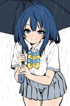 1girl absurdres ahoge blue_bow blue_bowtie blue_eyes blue_hair blunt_bangs blush bow bowtie c: closed_mouth collared_shirt commentary cowboy_shot ding36 dress_shirt eyelashes grey_skirt hair_between_eyes hands_up happy highres holding holding_umbrella leaning_forward make_heroine_ga_oo_sugiru! miniskirt mixed-language_commentary outdoors pleated_skirt rain shirt short_sleeves sidelocks simple_background skirt smile solo split_mouth umbrella under_umbrella white_background white_shirt yanami_anna yellow_bow yellow_bowtie