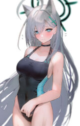 Rule 34 | 1girl, ahoge, alternate costume, animal ear fluff, animal ears, antenna hair, bare arms, bare shoulders, black choker, black halo, black one-piece swimsuit, blue archive, blue eyes, blurry, blush, breasts, choker, cleavage, closed mouth, competition swimsuit, covered navel, cross, cross hair ornament, depth of field, extra ears, flying sweatdrops, grey hair, hair between eyes, hair intakes, hair ornament, halo, hanato (seonoaiko), highleg, highleg swimsuit, highres, inverted cross, large breasts, long hair, looking at viewer, mismatched pupils, one-piece swimsuit, revision, shiroko (blue archive), shiroko (swimsuit) (blue archive), shiroko terror (blue archive), simple background, solo, swimsuit, thighs, very long hair, white background, wolf ears, wolf girl