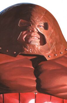 1boy absurdres alex_ross blue_eyes bodysuit brown_bodysuit comic_cover cover cover_page covered_pectorals highres juggernaut_(x-men) looking_at_viewer male_focus marvel mask muscular muscular_male official_art pectorals realistic solo teeth upper_body western_comics_(style) white_background x-men