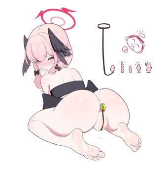 1girl anal anal_ball_wear anal_beads anal_object_insertion anus ashiba ass ass_focus bar_censor bare_shoulders barefoot black_wings blue_archive blush bottomless butt_plug censored commentary_request covering_own_mouth crotch_strap dildo doodle_sensei_(blue_archive) feathered_wings feet from_behind halo head_wings highres insertion_clothing jewel_butt_plug koharu_(blue_archive) koharu_(swimsuit)_(blue_archive) looking_at_viewer looking_back low_wings object_insertion official_alternate_costume pink_eyes pink_hair pink_halo pussy sensei_(blue_archive) sex_toy simple_background soles solo string thumbs_up twintails white_background wings