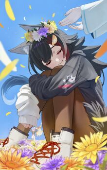 4girls absurdres animal_ear_fluff animal_ears black_hair black_hoodie black_pantyhose blue_sky blurry closed_eyes closed_mouth commentary_request daisy_(flower) depth_of_field falling_petals field flipped_hair flower flower_field flower_wreath hair_ornament hairclip head_wreath high_tops highres hololive hood hoodie hugging_own_legs inugami_korone inugami_korone_(1st_costume) jumping knees_up long_hair long_sleeves multicolored_hair multiple_girls nattoushouyu3 nekomata_okayu nekomata_okayu_(1st_costume) official_alternate_costume ookami_mio ookami_mio_(hoodie) pantyhose petals print_hoodie red_hair shirakami_fubuki shirakami_fubuki_(1st_costume) shoes sitting sky sleeping sleeves_past_wrists sneakers solo_focus spiked_hair streaked_hair swept_bangs tail two-tone_hoodie very_long_hair virtual_youtuber white_footwear white_hair white_hoodie wolf_ears wolf_girl wolf_tail
