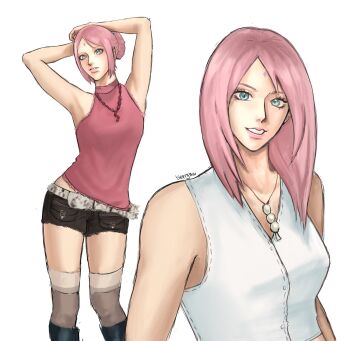 1girl alternate_costume alternate_hairstyle aqua_eyes armpits arms_behind_head artist_name black_boots bleeehrghw boots breasts brown_shorts cargo_shorts commentary english_commentary eyelashes facial_mark feet_out_of_frame female_focus forehead_mark fur-trimmed_belt hair_bun haruno_sakura hashtag-only_commentary highres ibispaint_(medium) jewelry knee_boots lace lace-trimmed_shirt lace_trim looking_at_viewer mature_female medium_breasts medium_hair midriff_peek multiple_views naruto_(series) naruto_shippuuden necklace parted_lips pink_hair pink_lips pink_shirt shirt short_shorts shorts simple_background single_hair_bun sleeveless sleeveless_turtleneck straight_hair swept_bangs teeth thighhighs turtleneck upper_body vest white_background white_vest y2k_fashion