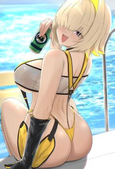 1girl ass back black_gloves blonde_hair blush breasts can colored_inner_hair commentary drink drink_can elegg_(boom_and_shock)_(nikke) elegg_(nikke) english_commentary eyes_visible_through_hair fang feet_out_of_frame from_behind gloves goddess_of_victory:_nikke hair_intakes hair_over_eyes highres holding holding_drink large_breasts long_bangs looking_at_viewer looking_back median_furrow multicolored_hair official_alternate_costume open_mouth poolside purple_eyes see-through_slingshot_swimsuit short_hair single_glove sitting slingshot_swimsuit smile soda_can solo sparkle swimsuit two-sided_gloves two-tone_gloves uzzy2801 yellow_gloves yellow_slingshot_swimsuit