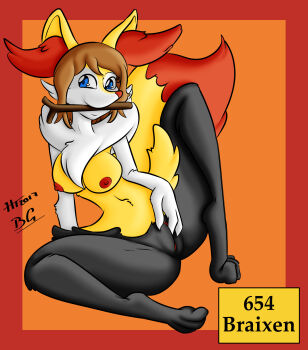 bernardol22 black_fur blue_eyes braixen breasts breasts_out brown_hair furrification furry gen_6_pokemon nude pokemon pokemon_xy pussy red_fur serena_(pokemon) stick_in_mouth transformation white_fur yellow_fur