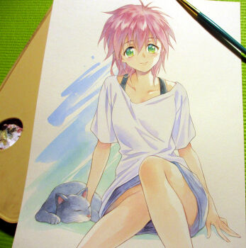 1girl agahari animal art_brush art_tools_in_frame black_bra black_cat blue_skirt bra bra_strap cat closed_eyes closed_mouth collarbone commentary_request feet_out_of_frame green_eyes hair_between_eyes looking_at_viewer medium_hair paintbrush painting_(medium) photo_(medium) pink_hair shirt short_sleeves sitting skirt sleeping_animal solo tokimeki_memorial tokimeki_memorial_2 traditional_media underwear white_shirt yae_kaori