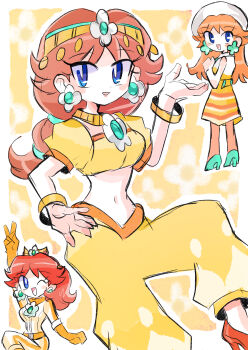 1girl absurdres arabian_clothes biker_daisy blue_eyes brown_hair crown earrings floral_background flower_earrings gloves hair_ornament harem_pants hat highres jewelry long_hair mario_(series) mario_kart mario_kart_world midriff nintendo one_eye_closed open_mouth orange_gloves pants princess_daisy princess_daisy_(oasis) princess_daisy_(vacation) rakugaki_shitagari-ya smile white_hat