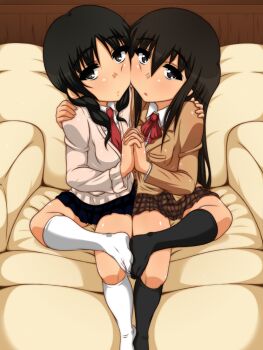 2girls amakusa_shino black_eyes black_hair black_socks blazer bow bowtie braid brown_hair cardigan feet full_body hair_between_eyes hand_on_another&#039;s_shoulder holding_hands interlocked_fingers jacket kakoogan kneehighs long_hair long_sleeves looking_at_viewer medium_hair multiple_girls open_mouth plaid_clothes plaid_skirt pleated_skirt red_bow red_bowtie red_tie school_uniform seitokai_yakuindomo sidelocks sitting skirt socks twin_braids uomi uomi_chihiro white_socks