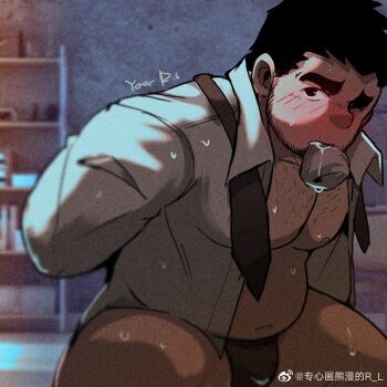 &gt;:( 1boy arms_behind_back bara bare_pectorals beard_stubble belly bulge collared_shirt facial_hair fat fat_man feet_out_of_frame looking_at_viewer male_focus necktie open_clothes open_shirt original pectorals r.l_(2089184064) salaryman shirt short_hair sideburns sideways_glance sock_in_mouth solo squatting stubble sweat thick_eyebrows undone_necktie v-shaped_eyebrows very_sweaty