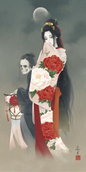 1girl absurdres black_hair colored_skin floral_print floral_print_kimono flower hand_up highres japanese_clothes kimono long_hair long_sleeves looking_at_viewer moon original print_kimono red_flower seal_impression signature skeleton skull sleeves_past_fingers sleeves_past_wrists undead ushiyama_ame very_long_hair white_flower white_skin