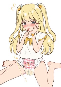 barefoot blonde_hair blue_eyes blush bow brcl7777 candy commentary_request diaper dot_nose food fujisawa_yuzu full_body hand_on_own_face hands_up heart holding holding_candy holding_food holding_lollipop loli lollipop long_hair looking_at_viewer no_pants ongeki open_mouth pee_stain peed_self peeing_diaper print_diaper raised_inner_eyebrows shirt shirt_bow simple_background sitting sleeveless sleeveless_shirt sound_effects spread_legs tearing_up two_side_up variant_set wariza white_background white_shirt yellow_bow