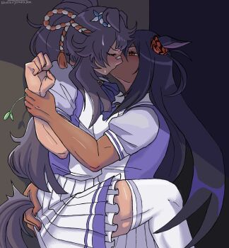 2girls against_wall animal_ears artist_name bandaid bandaid_on_face bandaid_on_nose black_hair blush clothing_cutout commentary commission dark-skinned_female dark_skin ear_ornament ear_scrunchie ears_back ears_down english_commentary facing_another from_side furrowed_brow ghostctytrffcjm half-closed_eye hand_on_another&#039;s_ass high_ponytail highres hishi_amazon_(umamusume) holding_another&#039;s_wrist horse_ears horse_girl horse_tail kiss lifting_person long_hair looking_at_another miniskirt multiple_girls narita_brian_(umamusume) pleated_skirt ponytail rope school_uniform shimenawa shirt short_sleeves skirt straw_(stalk) sweat tail tail_through_clothes thighhighs tracen_school_uniform umamusume very_long_hair yuri zettai_ryouiki