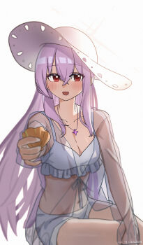 1girl :d absurdres alternate_hairstyle artist_name atsuko_(blue_archive) atsuko_(swimsuit)_(blue_archive) backlighting bikini blue_archive blush breasts cleavage collarbone commentary_request dated feet_out_of_frame film_grain frilled_bikini frills hair_between_eyes hair_down halo hand_up hat highres holding holding_shell jacket jewelry long_hair long_sleeves looking_at_viewer medium_breasts navel necklace official_alternate_costume open_mouth purple_hair red_eyes see-through_clothes see-through_jacket shangdi_de_fa_zhang shell sidelocks simple_background sitting smile solo stomach straight_hair sun_hat swimsuit very_long_hair white_background white_bikini white_halo white_hat