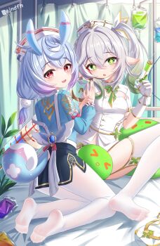 &gt;_&lt; 2girls :o absurdres animal_ears armlet armpit_crease bed_sheet black_skirt blood blood_bag blue_hair blue_sleeves blush bow braid breasts brooch censored chinese_commentary clothing_cutout colored_tips cross-shaped_pupils crossed_bangs dot_nose ear_blush fang garter_belt genshin_impact gloves gradient_hair green_eyes green_hair hair_over_shoulder hair_tie hand_up hands_up hat head_tilt high_side_ponytail highres holding holding_another&#039;s_arm holding_syringe infirmary jewelry jndfh knee_up kneeling large_syringe light_blush loli long_hair long_sleeves looking_at_viewer looking_back low_twin_braids mask medium_breasts mihoyo mouth_mask multicolored_hair multiple_girls nahida_(genshin_impact) novelty_censor nurse_cap on_bed open_mouth oversized_object pantyhose pink_bow plant pointy_ears purple_hair red_eyes see-through_clothes see-through_socks short_sleeves side_ponytail sigewinne_(genshin_impact) single_glove sitting skin_fang skirt sleeve_bow smile socks soles spread_legs symbol-shaped_pupils syringe tail tail_through_clothes thighhighs twin_braids twitter_username two-tone_hair white_hair white_mask white_pantyhose white_sleeves white_thighhighs