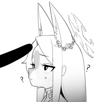 1girl ? absurdres animal_ear_fluff animal_ears blue_archive blush closed_mouth commentary extra_ears fox_ears from_side greyscale halo heart heart-shaped_pupils highres holypotato0 long_hair monochrome phallic_symbol seia_(blue_archive) simple_background symbol-only_commentary symbol-shaped_pupils white_background