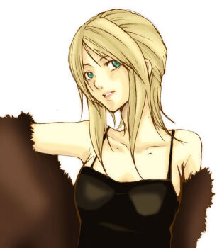 Rule 34 | 1girl, aya brea, bare shoulders, blonde hair, dress, female focus, green eyes, long hair, parasite eve (series), parasite eve i, simple background, solo, white background, yinghua