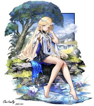 1girl absurdres bare_legs bare_shoulders barefoot black_dress blonde_hair blue_eyes breasts car1nly cartethyia_(wuthering_waves) closed_mouth commentary crown_of_thorns dated dress earrings hand_up highres jewelry legs long_hair looking_at_viewer medium_breasts multiple_earrings parted_bangs pointy_ears signature sitting solo tabard tacet_mark_(wuthering_waves) white_tabard wuthering_waves