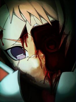 Rule 34 | 1boy, blonde hair, blood, broken mask, commentary request, cracked kawaii mask, facial scar, fox mask, frown, grey eyes, highres, kimetsu no yaiba, male focus, mask, ojon 0000007, portrait, sabito (kimetsu), sad, scar, scar on cheek, scar on face, short hair, solo