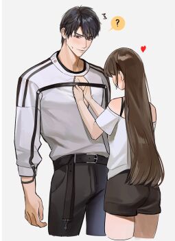1boy 1girl ? belt black_belt black_hair black_pants black_shorts blush caleb_(love_and_deepspace) closed_mouth couple cowboy_shot cropped_legs grabbing_another&#039;s_pectorals heart hetero highres long_hair love_and_deepspace pants pectoral_cleavage pectoral_grab pectorals protagonist_(love_and_deepspace) purple_eyes qi_xia shirt short_hair shorts simple_background smile spaghetti_strap spoken_question_mark straight_hair sweatdrop very_short_hair white_background white_shirt