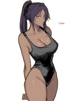 Rule 34 | 1girl, absurdres, alternate costume, arms behind head, bare shoulders, black one-piece swimsuit, black ribbon, bleach, breasts, cleavage, collarbone, commentary, covered navel, dark-skinned female, dark skin, english commentary, hair ribbon, highres, large breasts, long hair, looking at viewer, one-piece swimsuit, p glansk, parted bangs, ponytail, purple hair, ribbon, shihouin yoruichi, simple background, solo, swimsuit, thighs, toned, toned female, twitter username, white background, yellow eyes