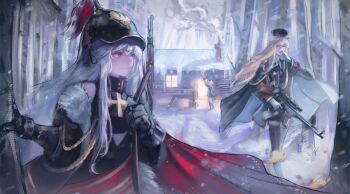 3girls assault_rifle black_gloves black_shirt black_skirt black_thighhighs blonde_hair bolt_action cape chimney chopping closed_mouth collared_shirt combat_helmet commission floating_hair girls'_frontline gloves gun gun_sling hand_up helmet highres kar98k_(girls'_frontline) kar98k_(mod3)_(girls'_frontline) log_cabin long_hair long_sleeves mauser_98 mp40_(girls'_frontline) multiple_girls red_cape red_eyes rifle scenery scope shirt sidelocks skirt smile smoke snow stahlhelm stg44 stg44_(girls'_frontline) stg44_(mod3)_(girls'_frontline) thighhighs tree tree_stump very_long_hair weapon white_gloves white_hair white_shirt yuhel zettai_ryouiki