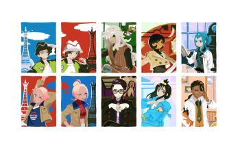 5boys 5girls az_(pokemon) black_hair black_hat blonde_hair blue_shirt bodysuit bodysuit_under_clothes border bracelet brown_hair brown_jacket brown_vest coat corbeau_(pokemon) cropped_shirt dark-skinned_male dark_skin emma_(pokemon) floette gen_6_pokemon green_jacket green_necktie hair_bun hair_ornament hair_rings hand_in_pocket hand_up hands_up harmony_(pokemon) hashtag-only_commentary hat highres holding holding_poke_ball jacket jewelry lida_(pokemon) long_hair long_sleeves mable_(pokemon) majyo_(witch_poke) multiple_boys multiple_girls naveen_(pokemon) necktie nintendo open_clothes open_jacket orange_vest own_hands_together paxton_(pokemon) poke_ball poke_ball_(basic) pokemon pokemon_legends:_z-a red_shirt shirt taunie_(pokemon) topknot urbain_(pokemon) vest white_border white_coat white_hat white_shirt