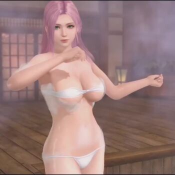 1girl 3d animated bikini blowing blue_eyes breasts dead_or_alive dead_or_alive_xtreme dead_or_alive_xtreme_venus_vacation elise_(doa) foam large_breasts long_hair looking_at_viewer micro_bikini onsen pink_hair steam swimsuit tagme video