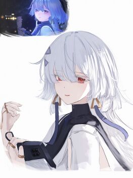 1girl absurdres celly_(mogmog_99) closed_mouth colored_eyelashes commentary earrings from_side game_screenshot_inset grey_hair hair_ornament hands_up highres holding holding_tablet_pc jewelry long_hair looking_at_viewer looking_to_the_side mornye_(wuthering_waves) red_eyes screenshot_inset smile solo spoilers tablet_pc triangle_earrings wuthering_waves