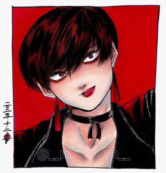 1girl __mmgum__ brown_eyes brown_hair earrings female_focus formal_clothes highres jewelry looking_at_viewer pale_skin short_hair suit the_king_of_fighters vice_(kof)