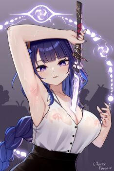 1girl absurdres alternate_costume armpits artist_name bare_arms braid breasts cleavage commentary genshin_impact highres holding holding_sword holding_weapon human_scabbard jianzefanya katana large_breasts long_hair looking_at_viewer low-braided_long_hair low-tied_long_hair mole mole_under_eye musou_isshin_(genshin_impact) nipples parted_lips purple_eyes purple_hair purple_nails raiden_shogun see-through_clothes see-through_shirt shirt shirt_tucked_in sleeveless sleeveless_shirt solo sword sword_between_breasts symbol-only_commentary upper_body weapon white_shirt