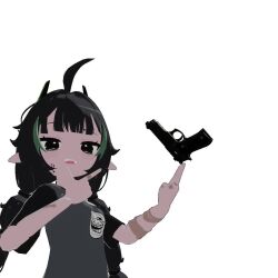 1girl 2024 3d ahoge animated bandaged_forearm bandaid bandaid_on_finger bandaid_on_forearm bandaid_on_hand elf elfinpsyop floating floating_object floating_weapon grey_shirt gun holding holding_chin holding_gun holding_weapon indie_virtual_youtuber joeychimney loli nodding open_mouth pointy_ears shirt smug solo spinning_weapon tagme trollface video virtual_youtuber weapon white_background